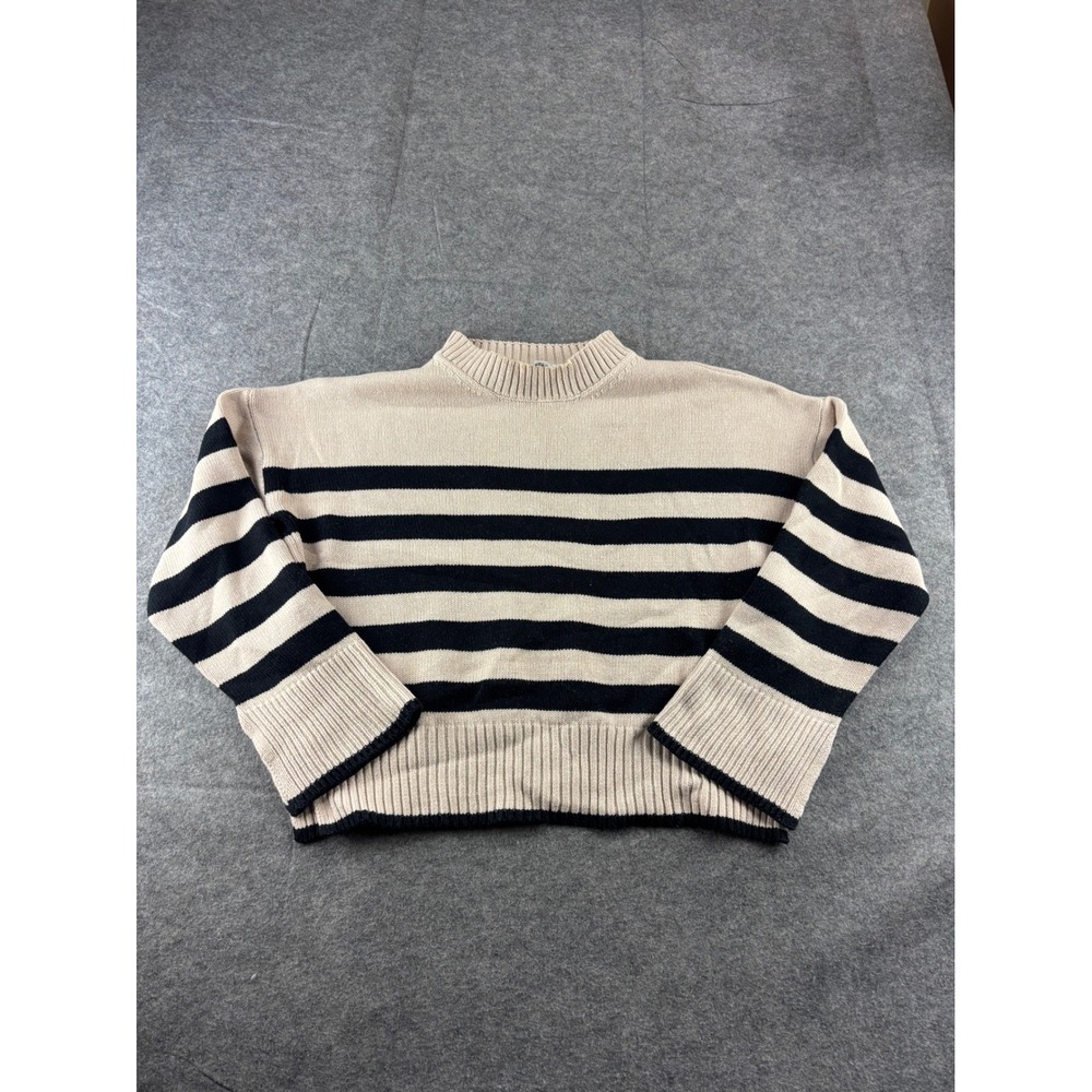 Evereve Striped Mock Neck Knit Cropped Sweater Tan Black Long Sleeve Womens S